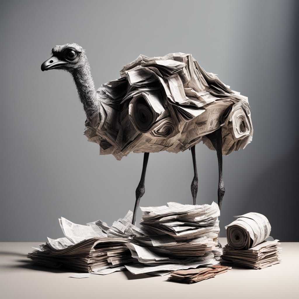 Newspaper Sculpture of Ostrich and Pug with Ink Stains