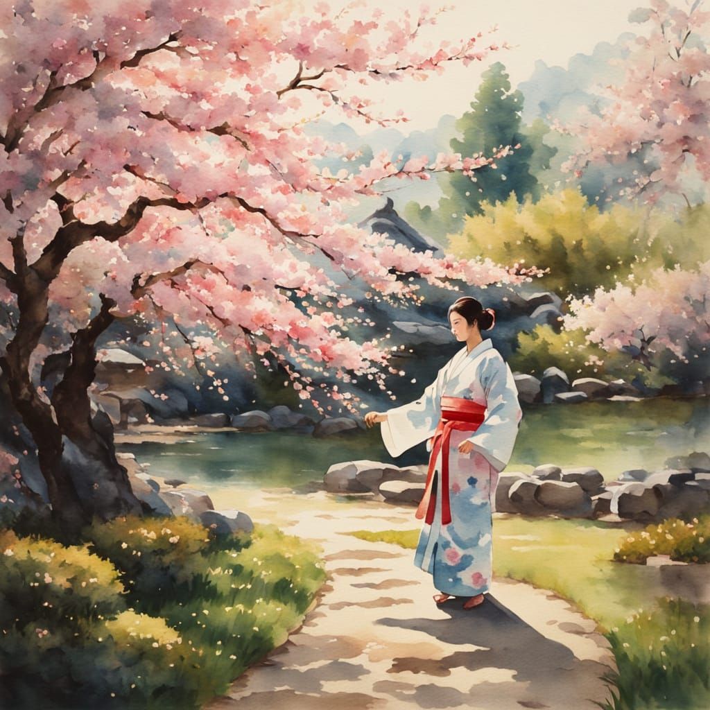 Elegant Karate in Watercolour with Cherry Blossoms