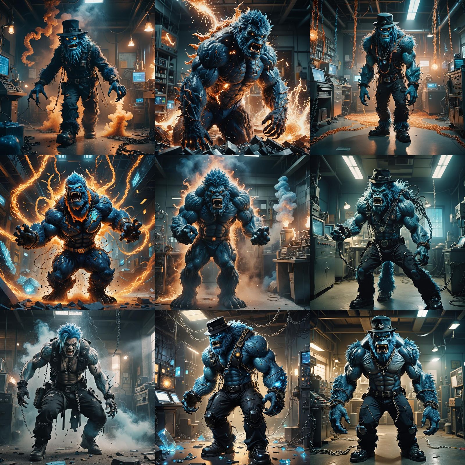 Blue Monster Escapes Lab: Cinematic Film Still