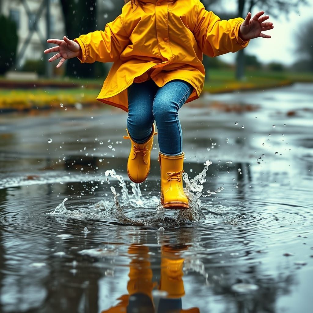 Girl in Yellow Raincoat Jumps in Puddle