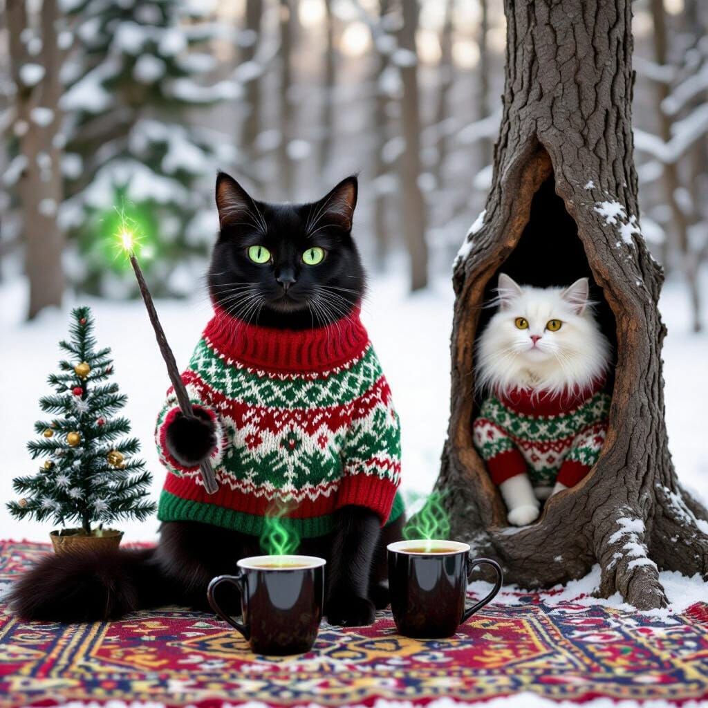 Enchanting Christmas Cats with Magic in Snowy Forest