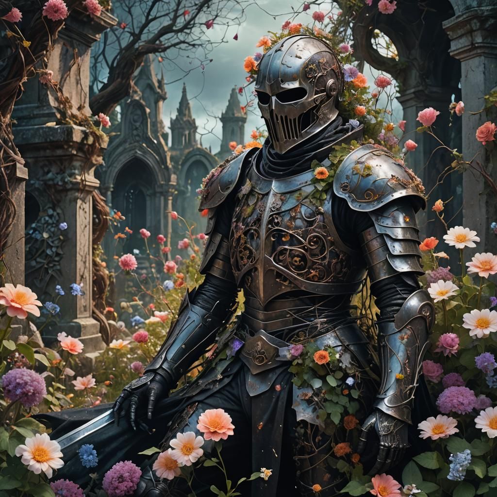 Dead Knight Covered in Flowers in Dreamlike Style