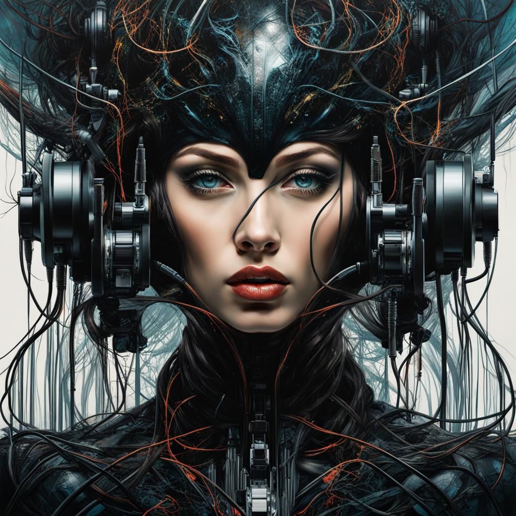Surreal!! Double Exposure black chrome cyber Woman Face Overgrown liquid elctro wires, Insanely Detailed Matte Painting ...