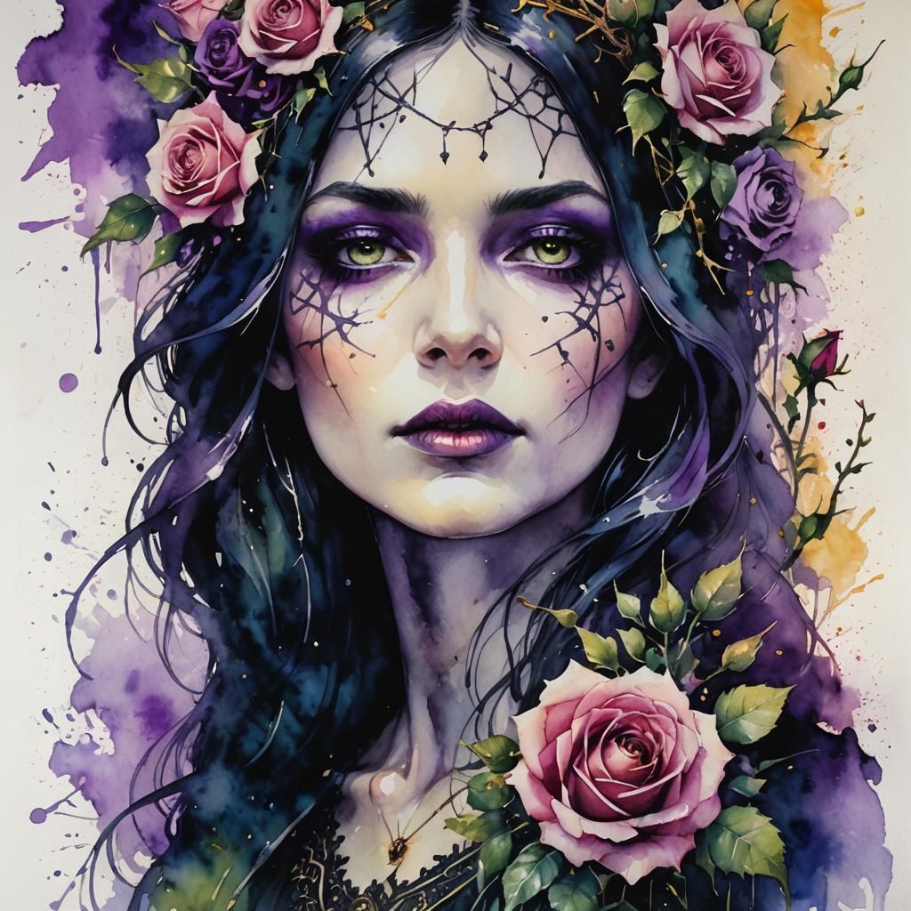 Gothic Woman Portrait in Watercolor with Roses