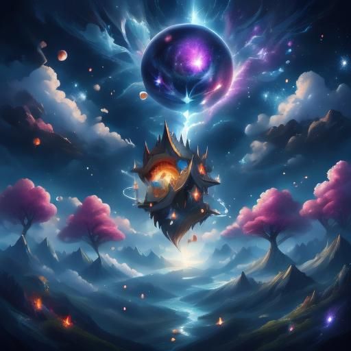 Dark Fantasy Landscape with Floating Castles and Supernova