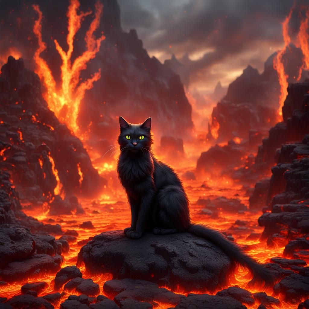 Lava Cat Floating in Fire: Fantasy Concept Art