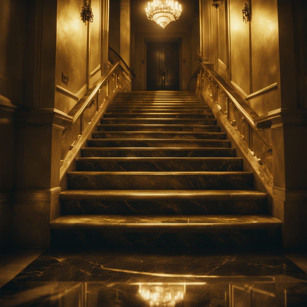 Glowing Gold Stairs in a Luxurious Mansion, Shot in Film Noi...