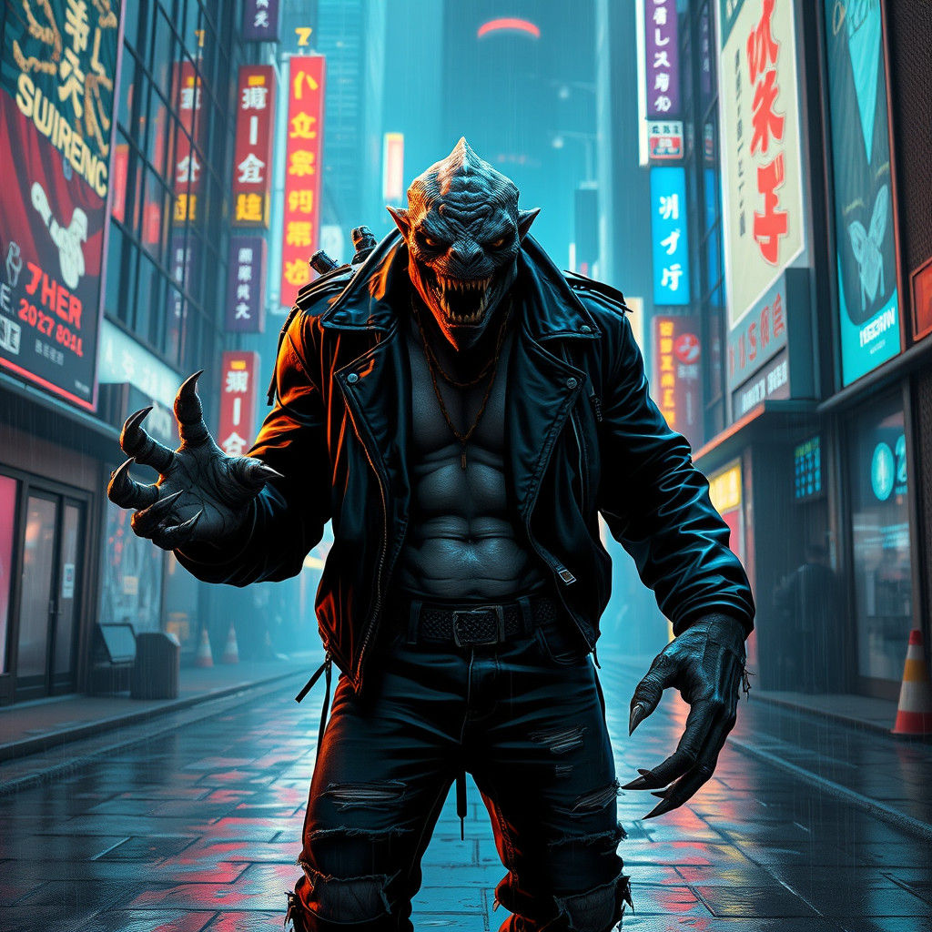 Cyberpunk Monster in Dystopian City Alley