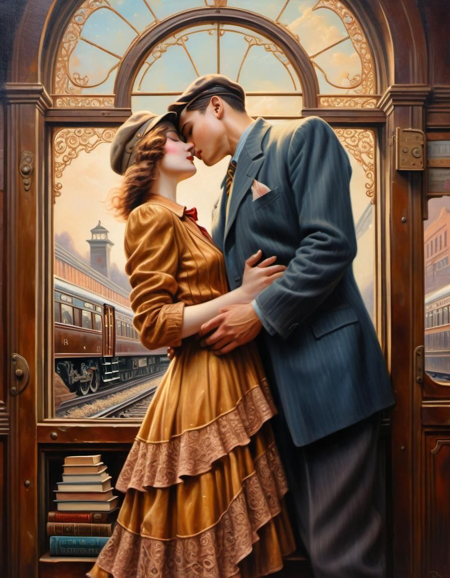 Romantic First Love at Train Station, Oil Painting