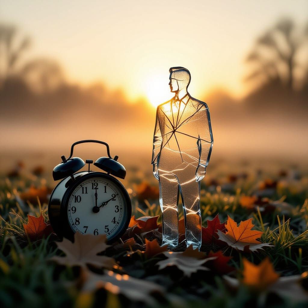 Glass Silhouette in Foggy Landscape with Melting Clock