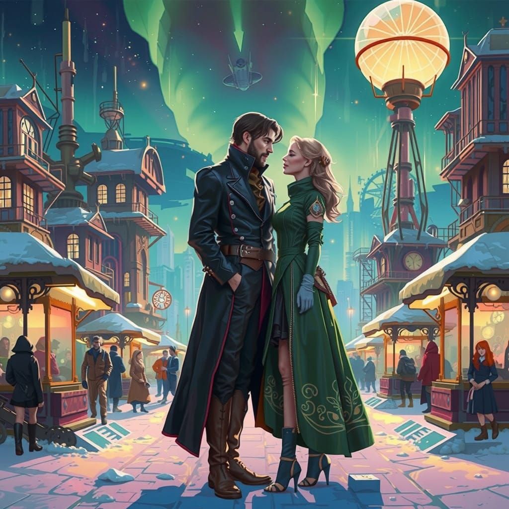 Steampunk City Couple Under Golden Glow