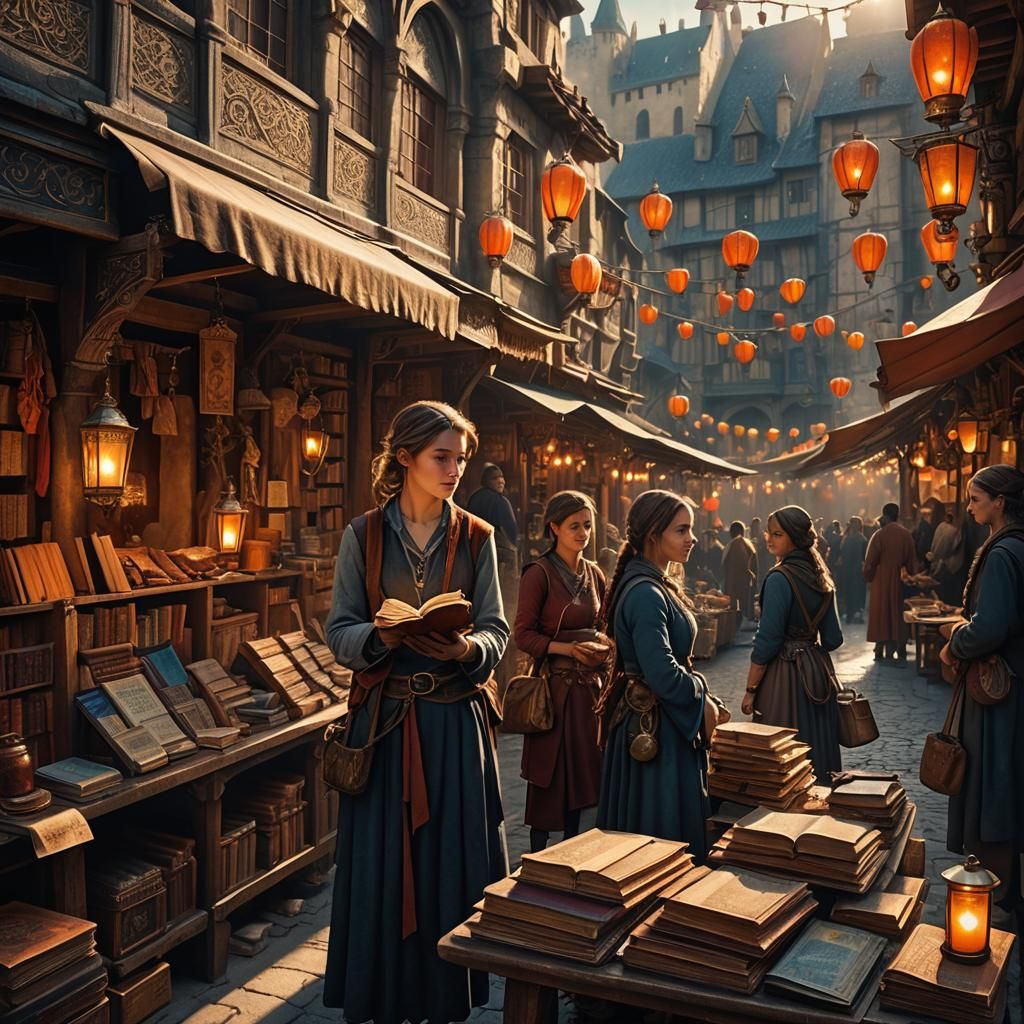 Medieval Book Market in Fantasy City, Detailed Matte Paintin...