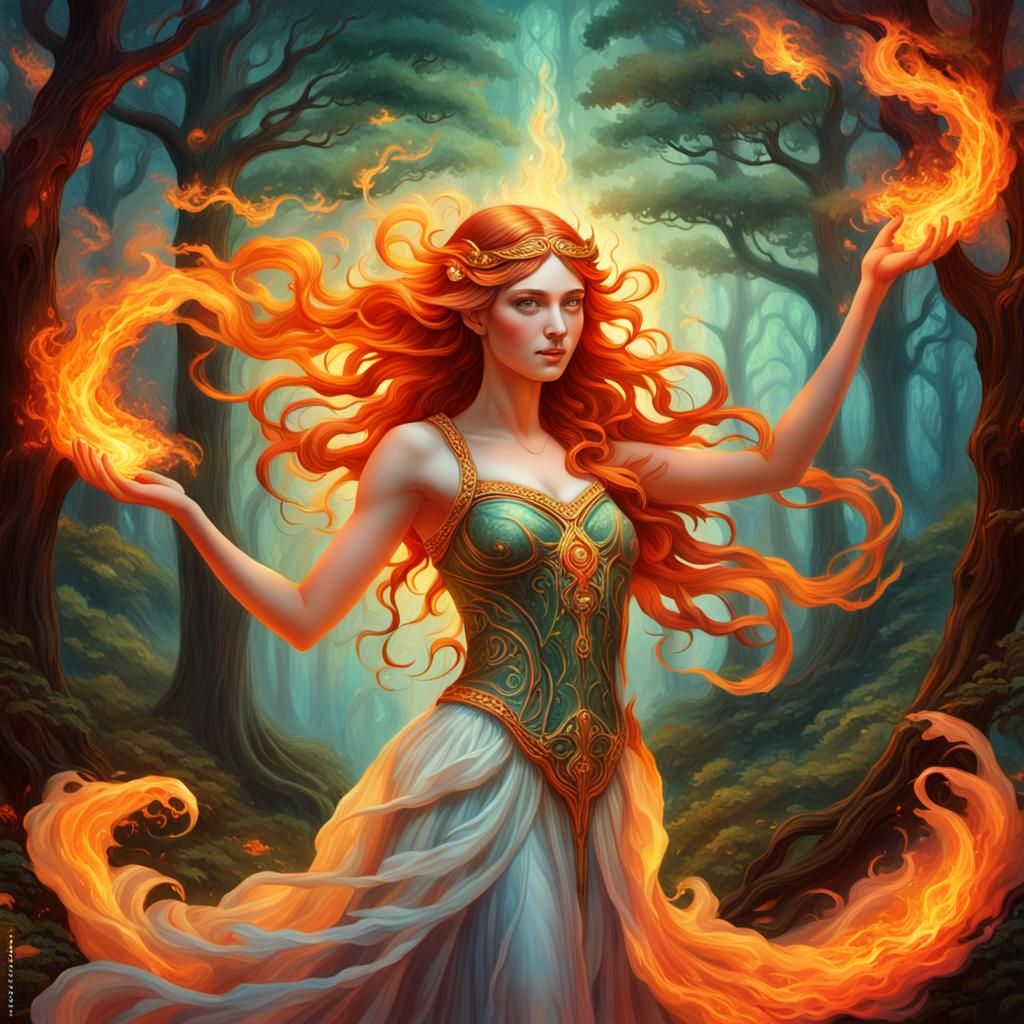 Ethereal Goddess in Fiery Forest, Art Nouveau Style