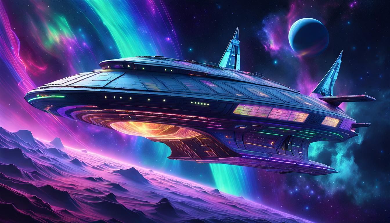 Solarpunk Starship at Nebula's Edge in Digital Art