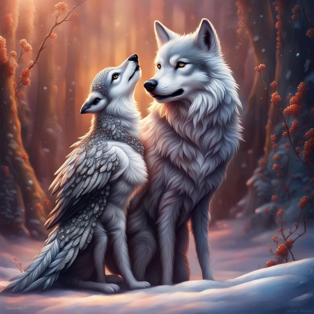 Diamond Bird and Wolf Pup in Detailed Fantasy Art