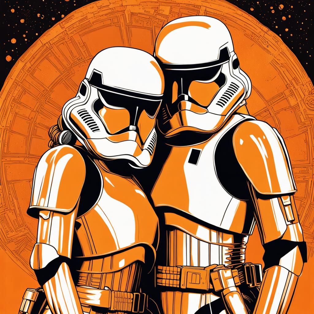 "Two beautiful lesbian female stormtroopers, wearing beautiful brigth orange armor"