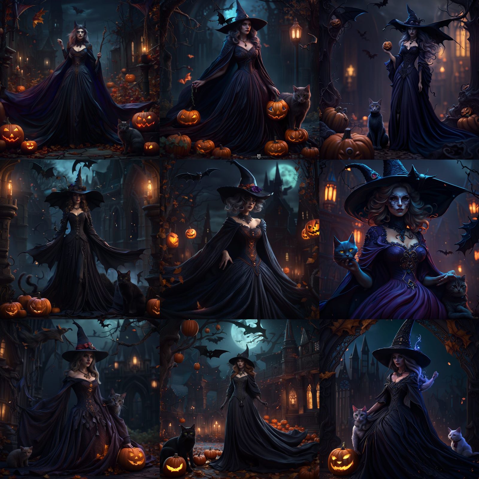 Halloween Witch with Cat and Bat: Fantasy Art