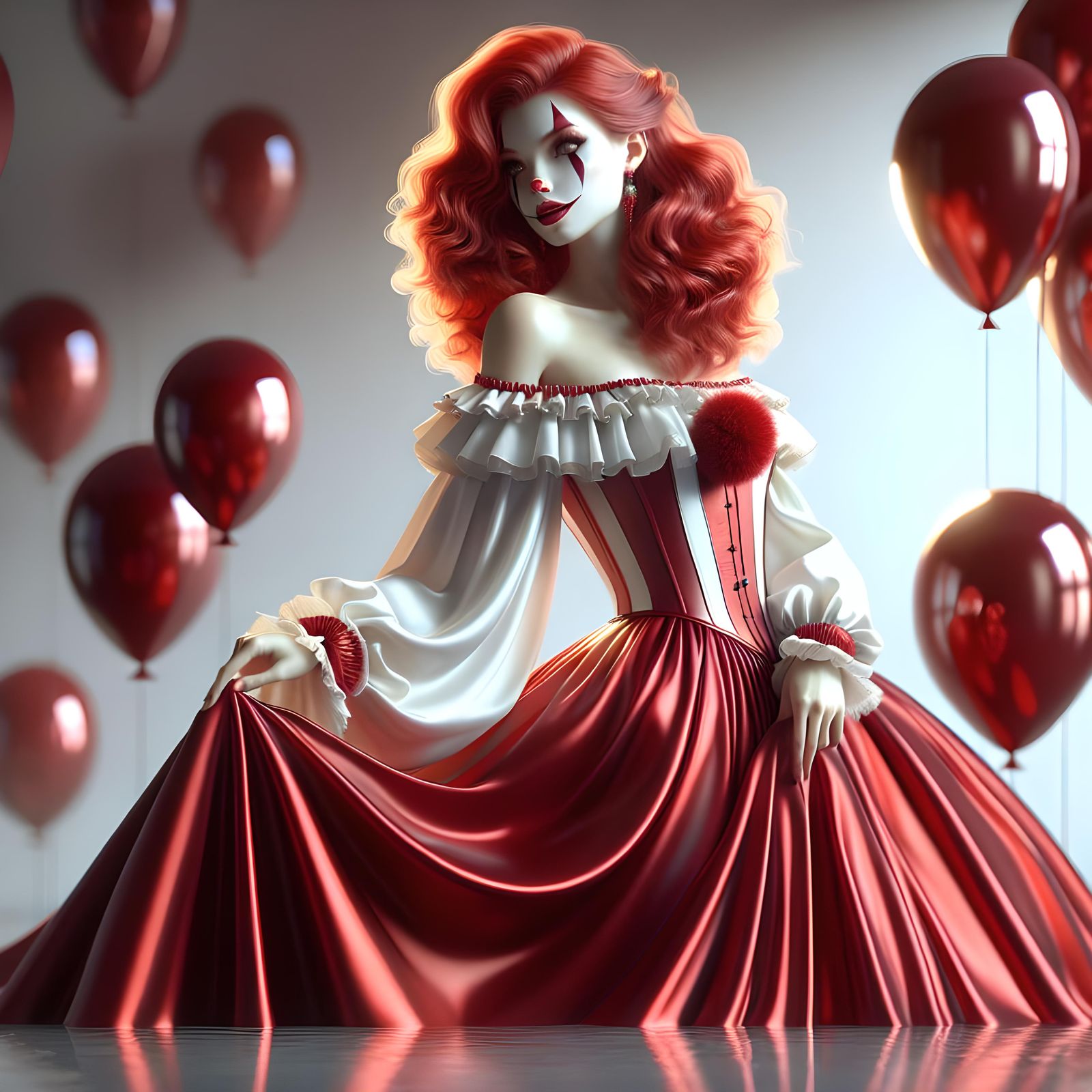 Woman in Clown Costume with Red Balloons