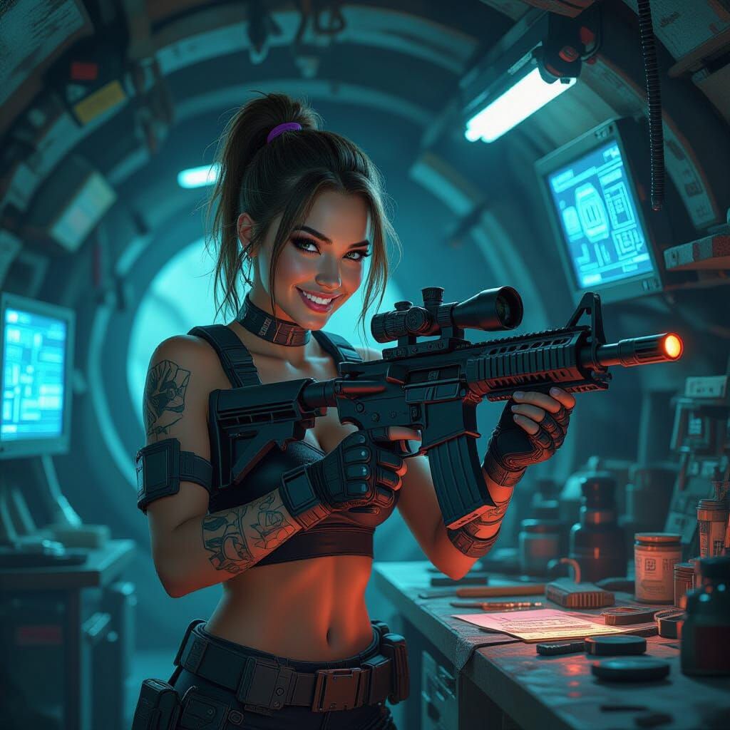 Vault Dweller Tinkers with Laser Rifle