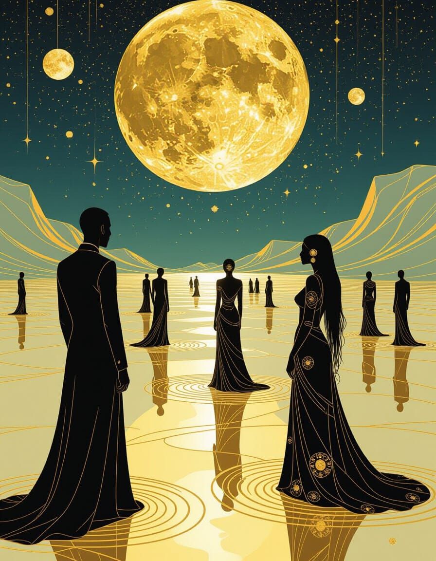 Mystical Kintsugi Figures in Translucent Landscape