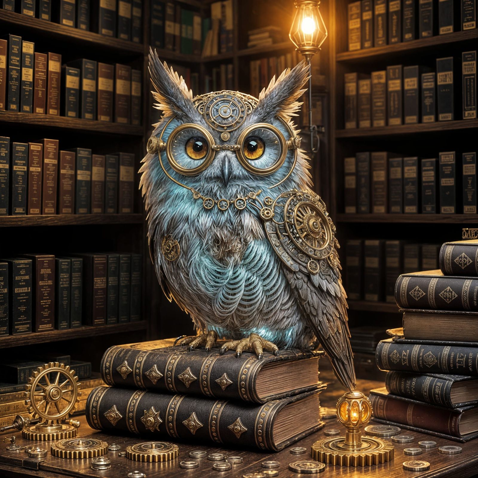 Steampunk Owl in Library: Digital Fantasy Art