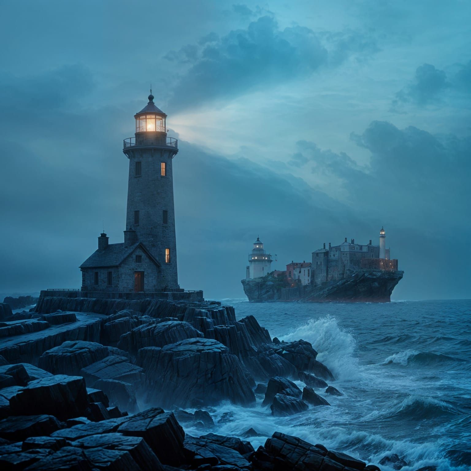 Atmospheric Lighthouse in Stormy Twilight