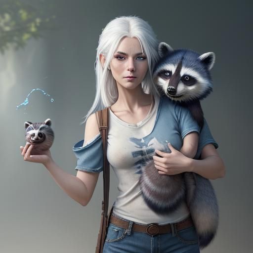 Woman with Raccoon: Detailed Fantasy Art