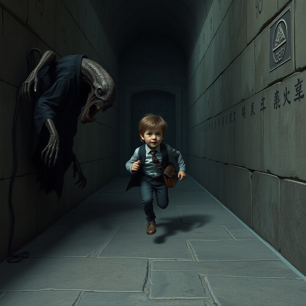 Boy's Flight: Endless Corridor in Dark Fantasy Style