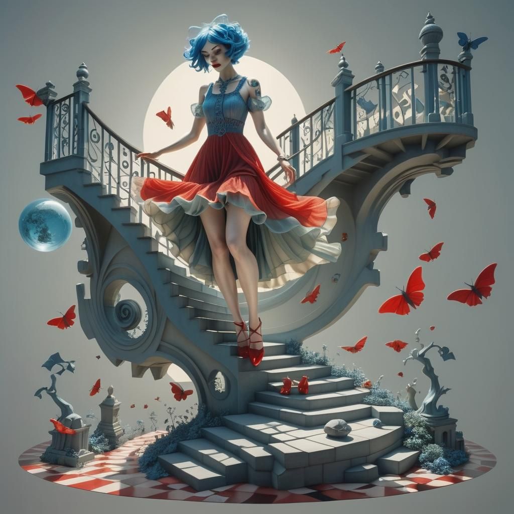 Mystical Blue-Haired Sorceress Ascends Fantastical Steps