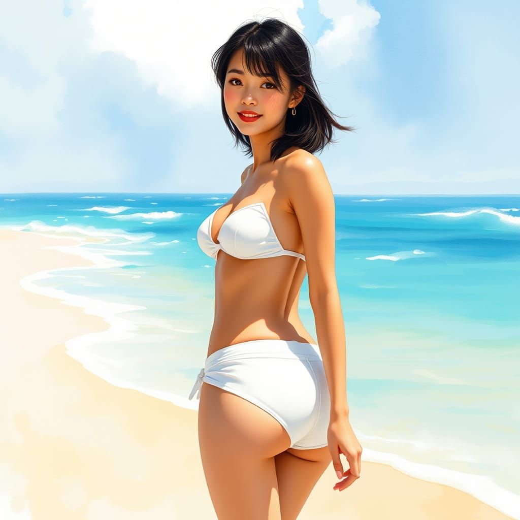Japanese Woman on Sunny Beach, Watercolor Style
