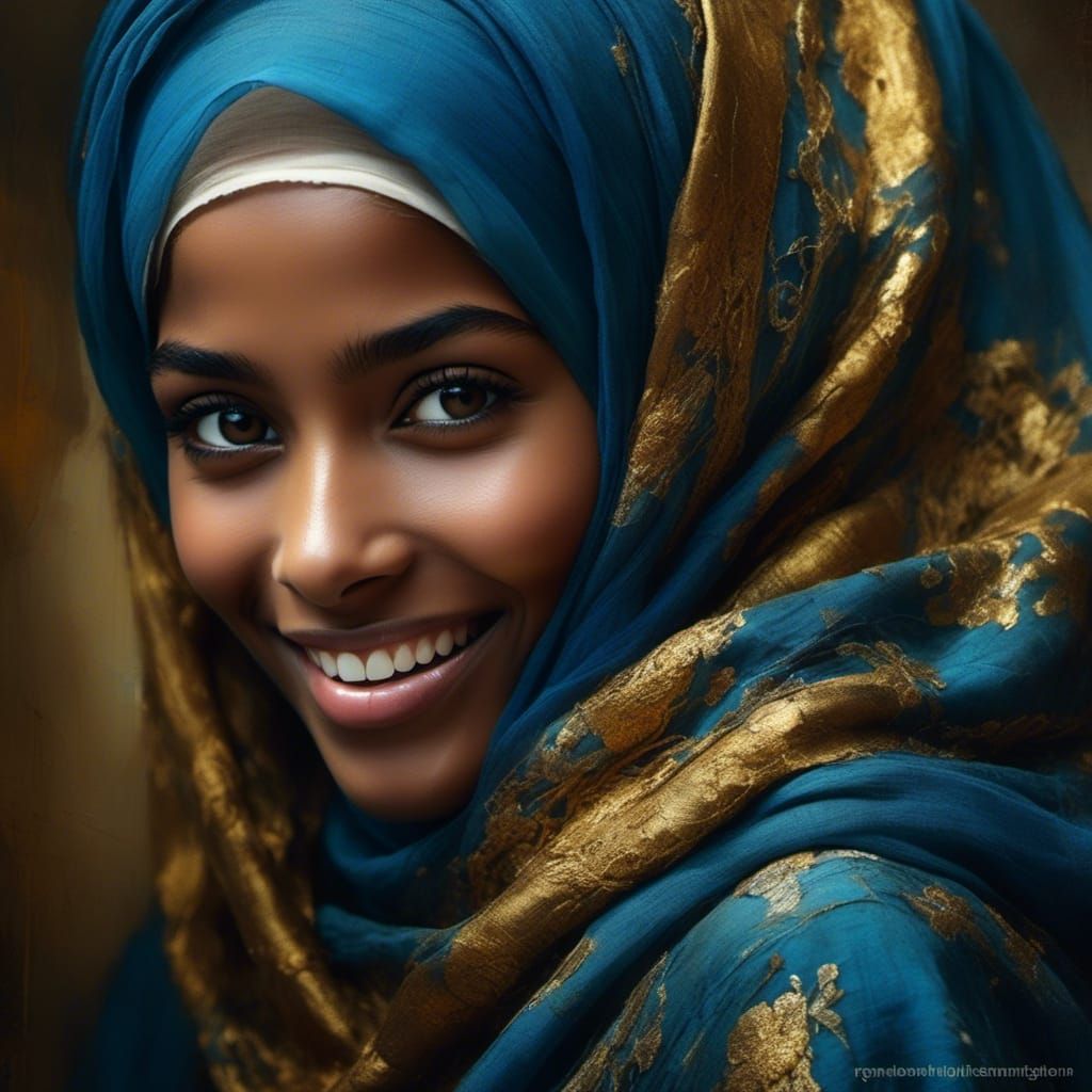 Girl in Blue and Gold Hijab, Rococo Style