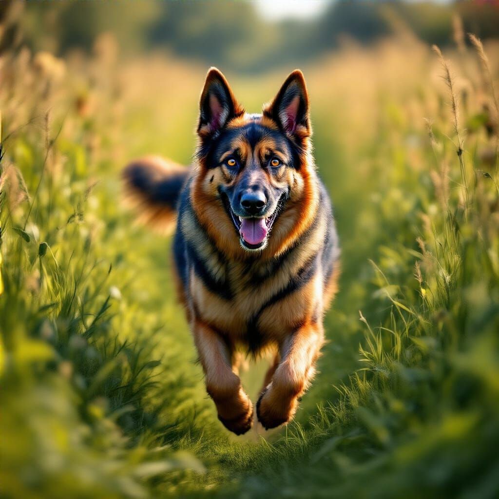 German Shepherd Runs Through Lush Green Field
