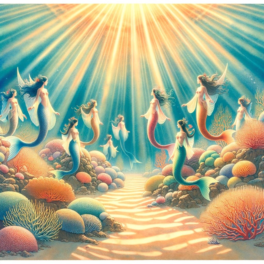 Mermaids Tending Glowing Coral Gardens in Tranquil Underwate...