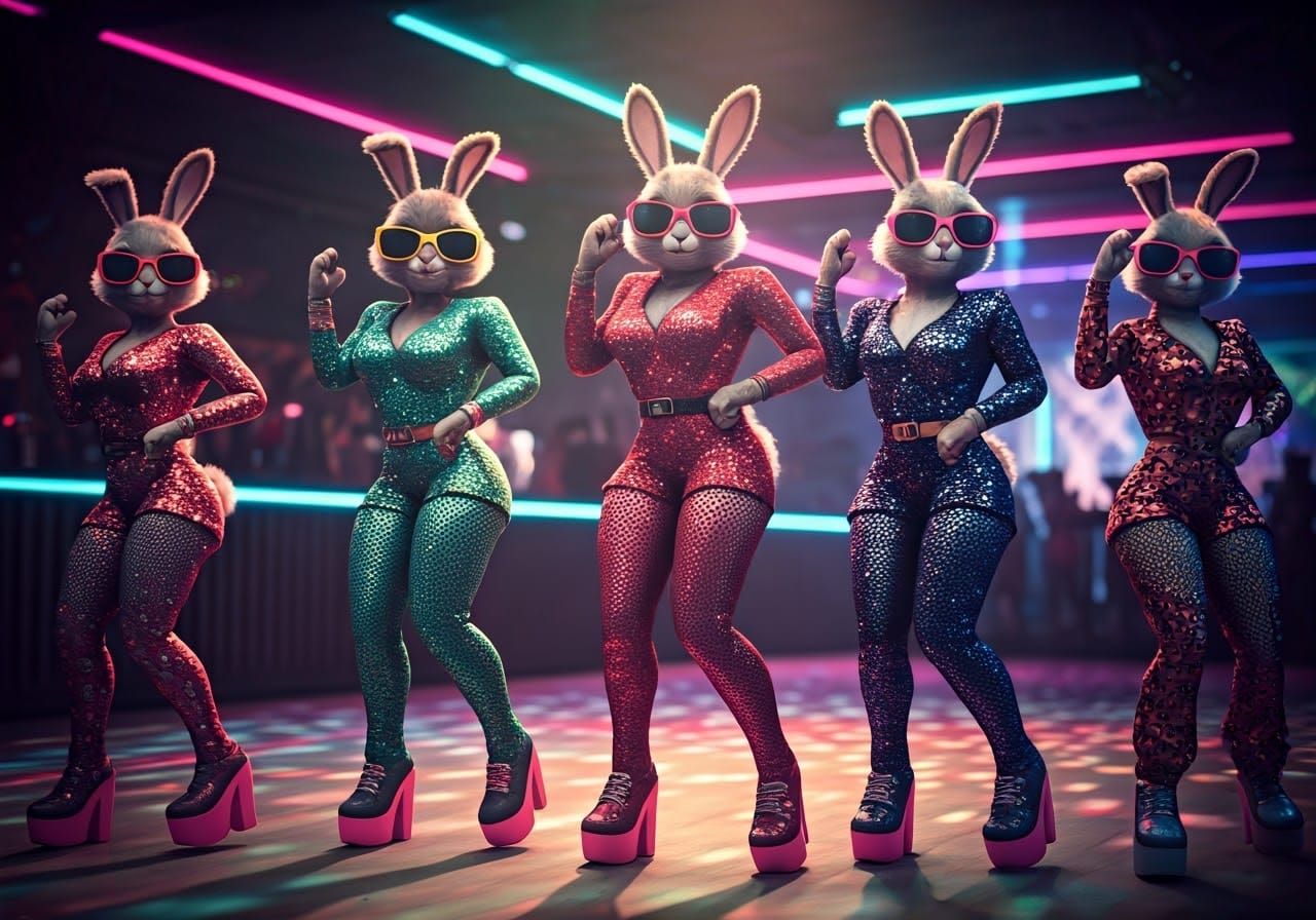 Anthropomorphic Rabbits Dancing in a Neon Disco
