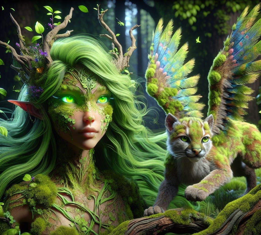 Dryad and Mythical Cougar Cub in Fantasy Art