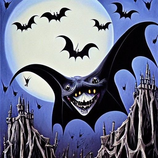 Scary Bats in Tim Burton Style, Oil on Canvas