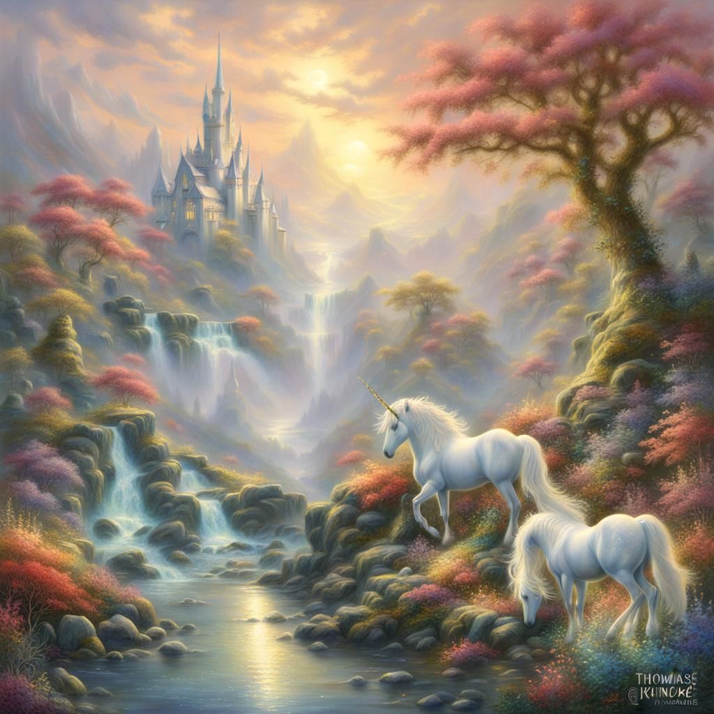 Golden Coral Unicorns in Ethereal Fantasy Landscape