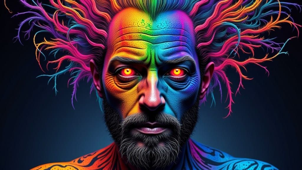 Binary Code Man with Rainbow Flames in Fractal Art