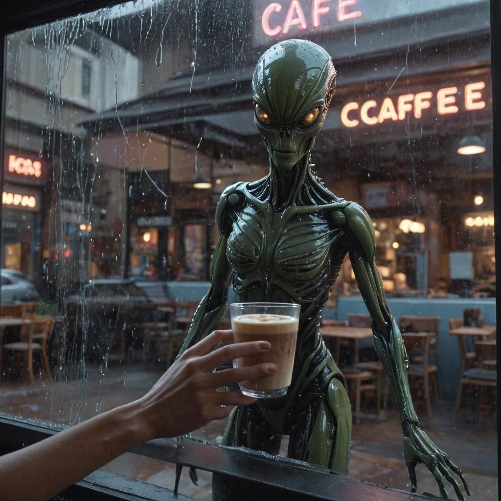 Alien Steals Coffee in Cinematic 3D Art