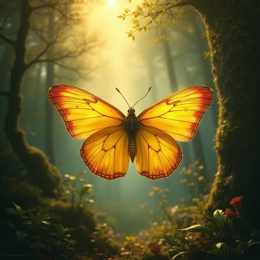 Luminous Yellow Butterfly in Mystical Forest