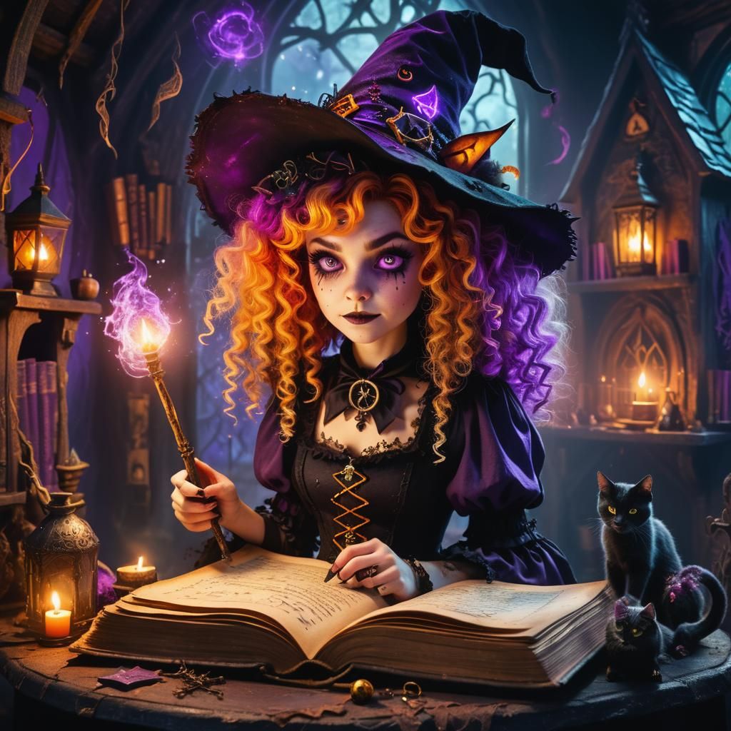 Enchanting Whimsical Witch in Haunted Cottage Digital Art