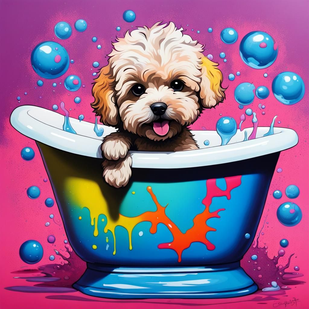 Maltipoo Dog in Bubble Bath: Graffiti Art