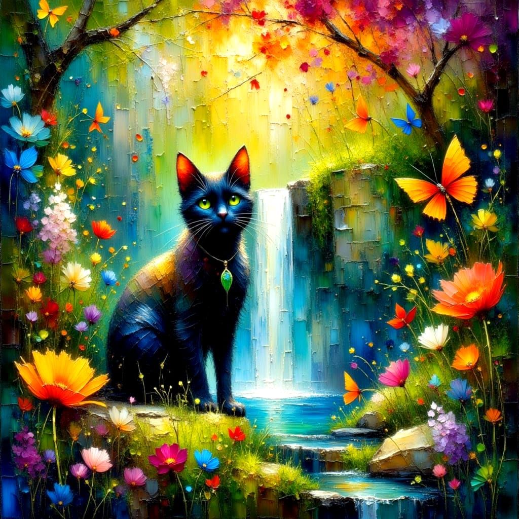 Whimsical Garden Scene with a Sleeping Black Cat