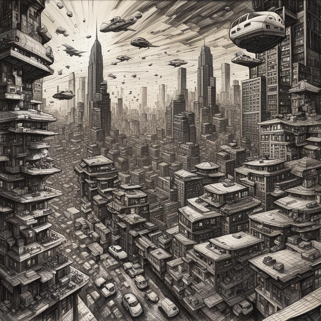 Futuristic Cityscape in Pen and Ink Style