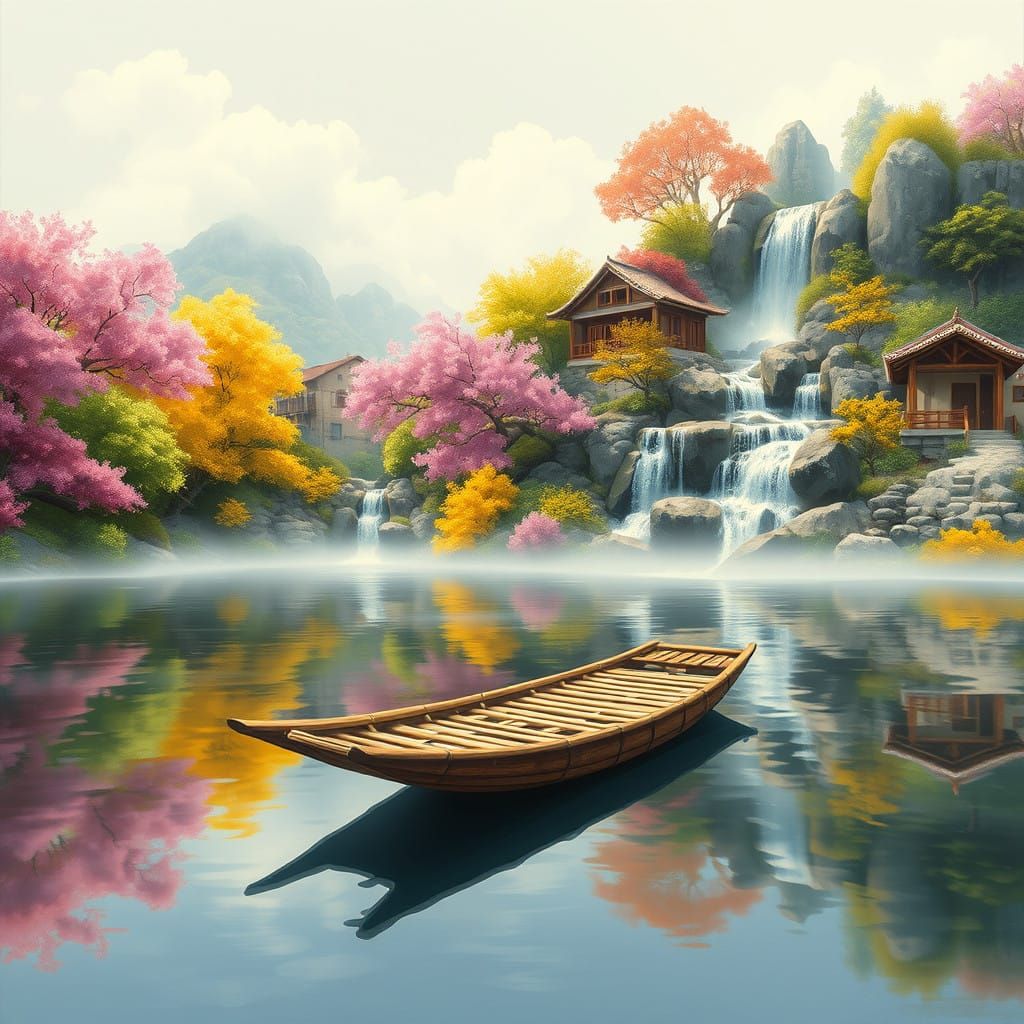 Serene Bamboo Raft on Tranquil Lake