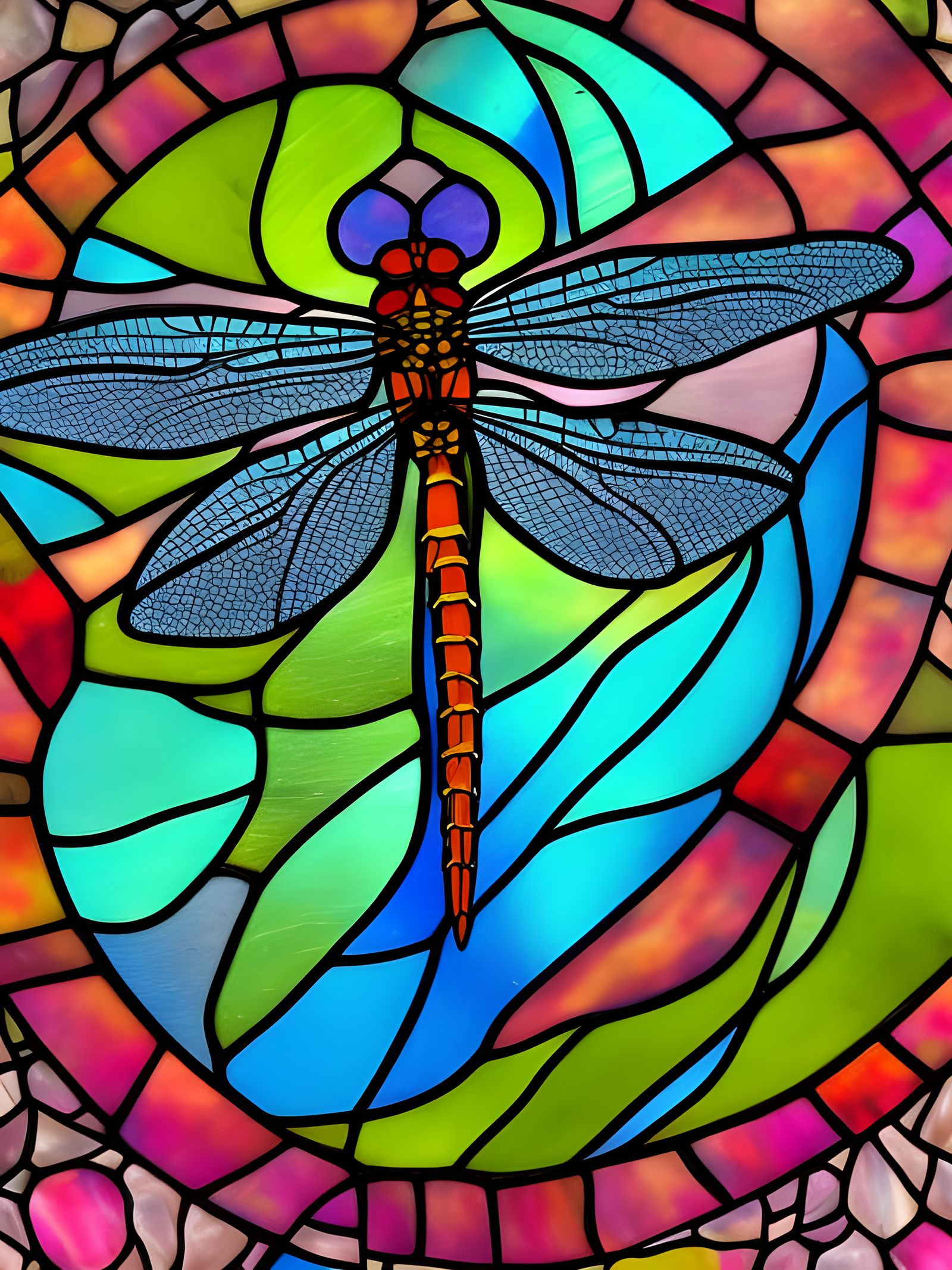 Stained Glass Dragonfly in Fantasy Landscape