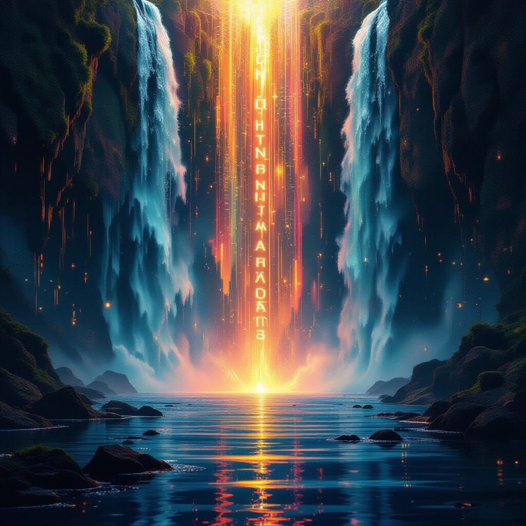 Sacred Cyberpunk Waterfall with Yoruba Runes and Fractal Cha...