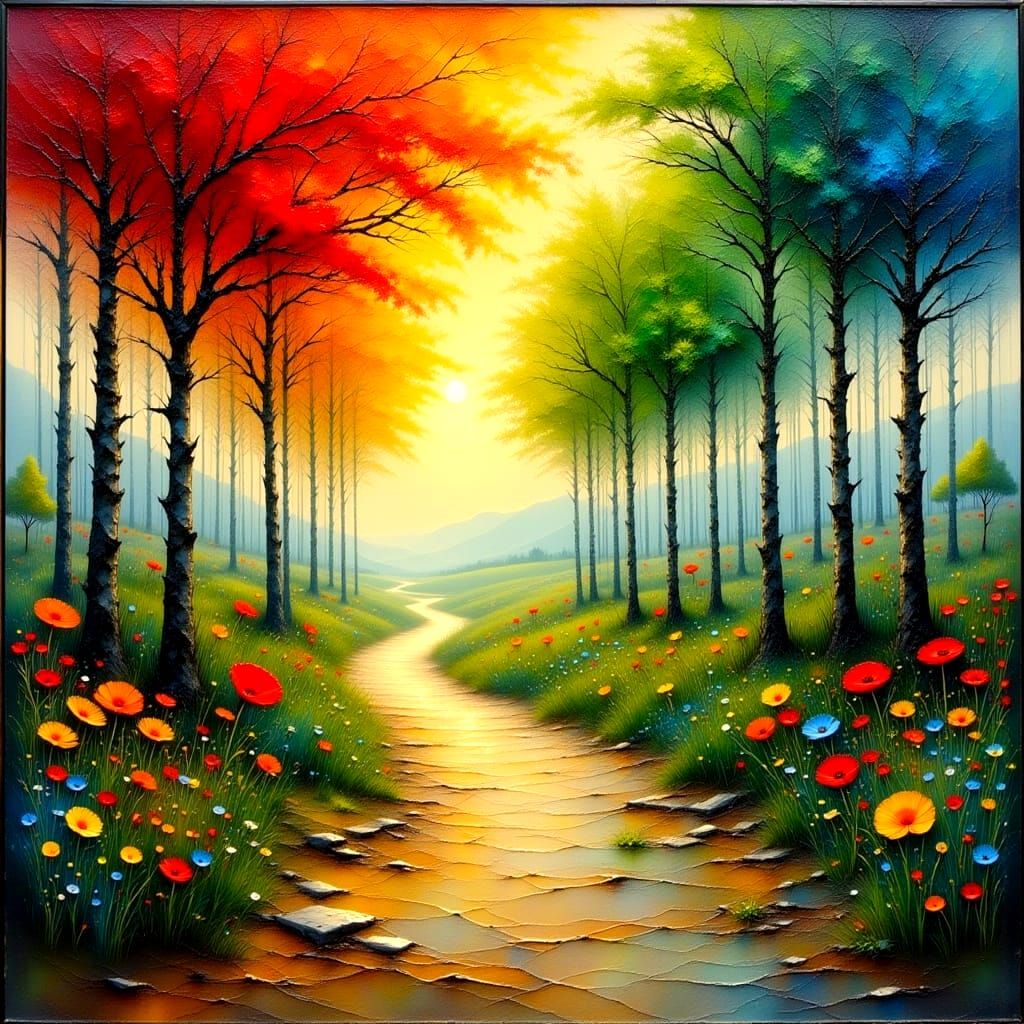 Vibrant Flame Trees Set Ablaze in a Nostalgic Oil Painting