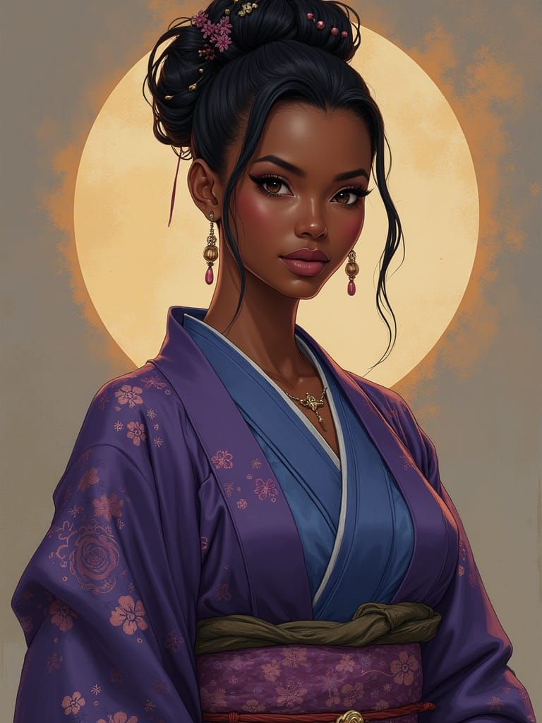 Powerful Nubian Woman in Elegant Kimono with Electric Aura