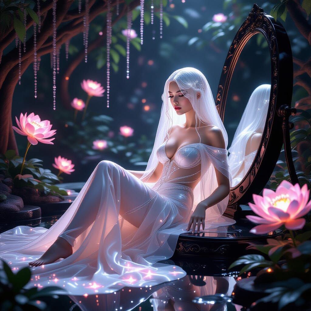 Ethereal Nymph in Bioluminescent Grotto Garden